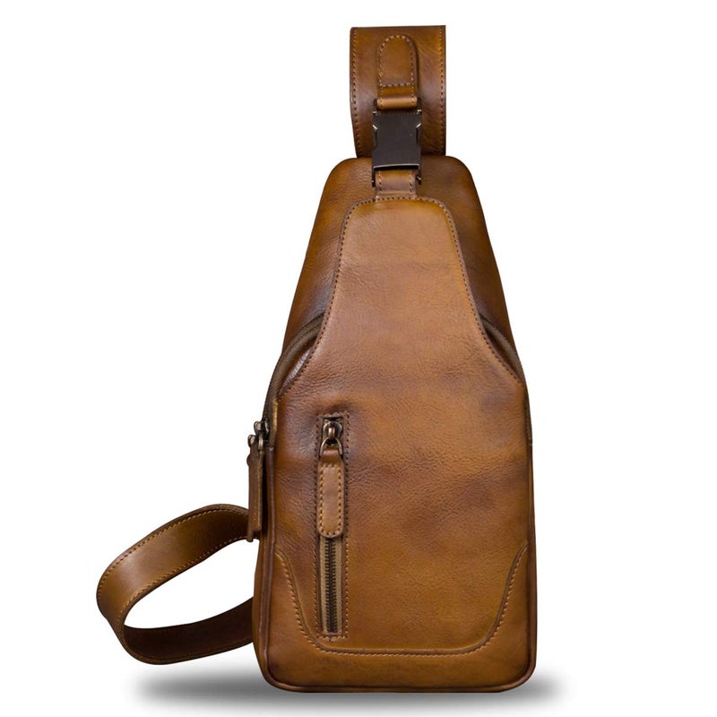 IVTG Genuine Leather Sling Bag for Men Chest Shoulder Crossbody Hiking Backpack Vintage Handmade Daypack (Brown) - Image 2